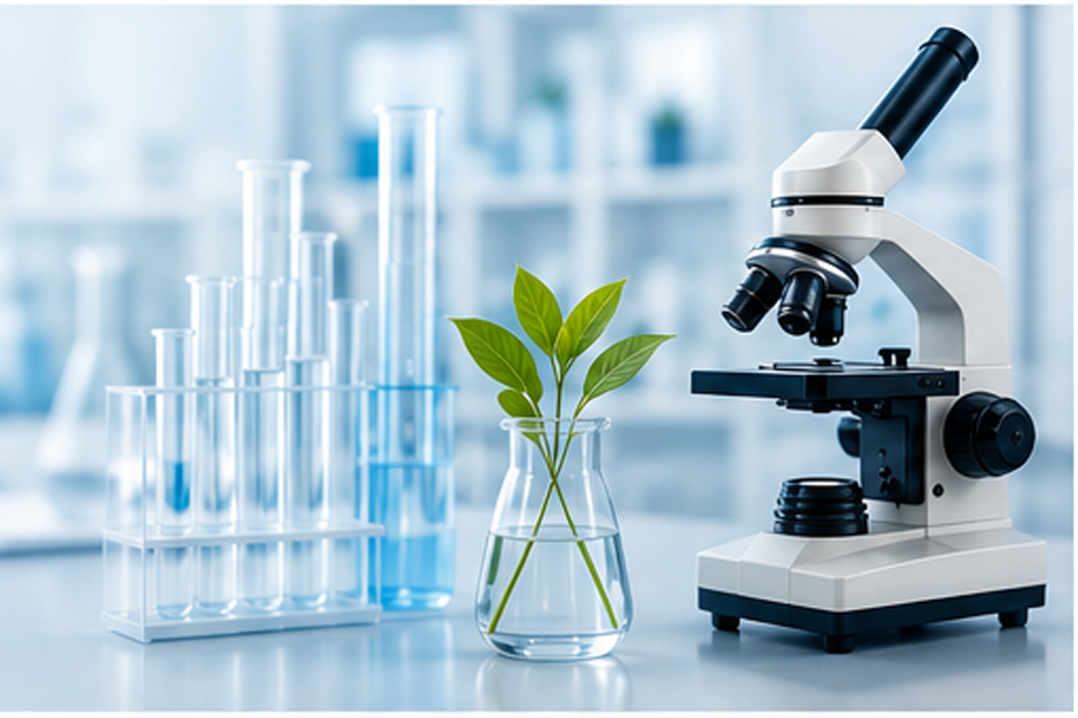 Life sciences research — lab microscope and test tubes