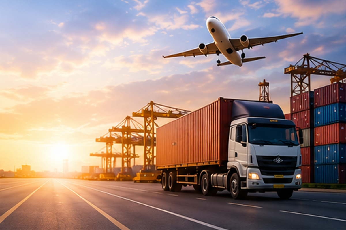 Logistics and supply chain — freight truck, cargo plane, and port cranes