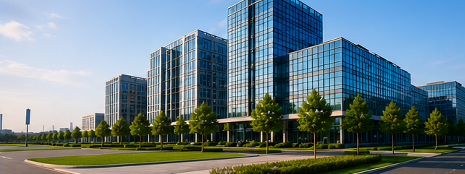 Neutrino presence in the region — modern glass office towers