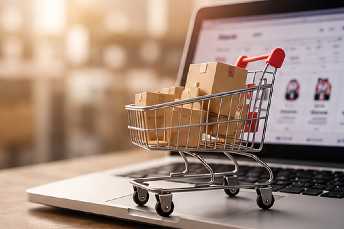 Retail and e-commerce — shopping cart with packages on a laptop
